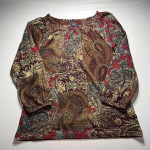 Chaps Denim Women's Paisley Print Brown Red Cotton Blouse Size Medium